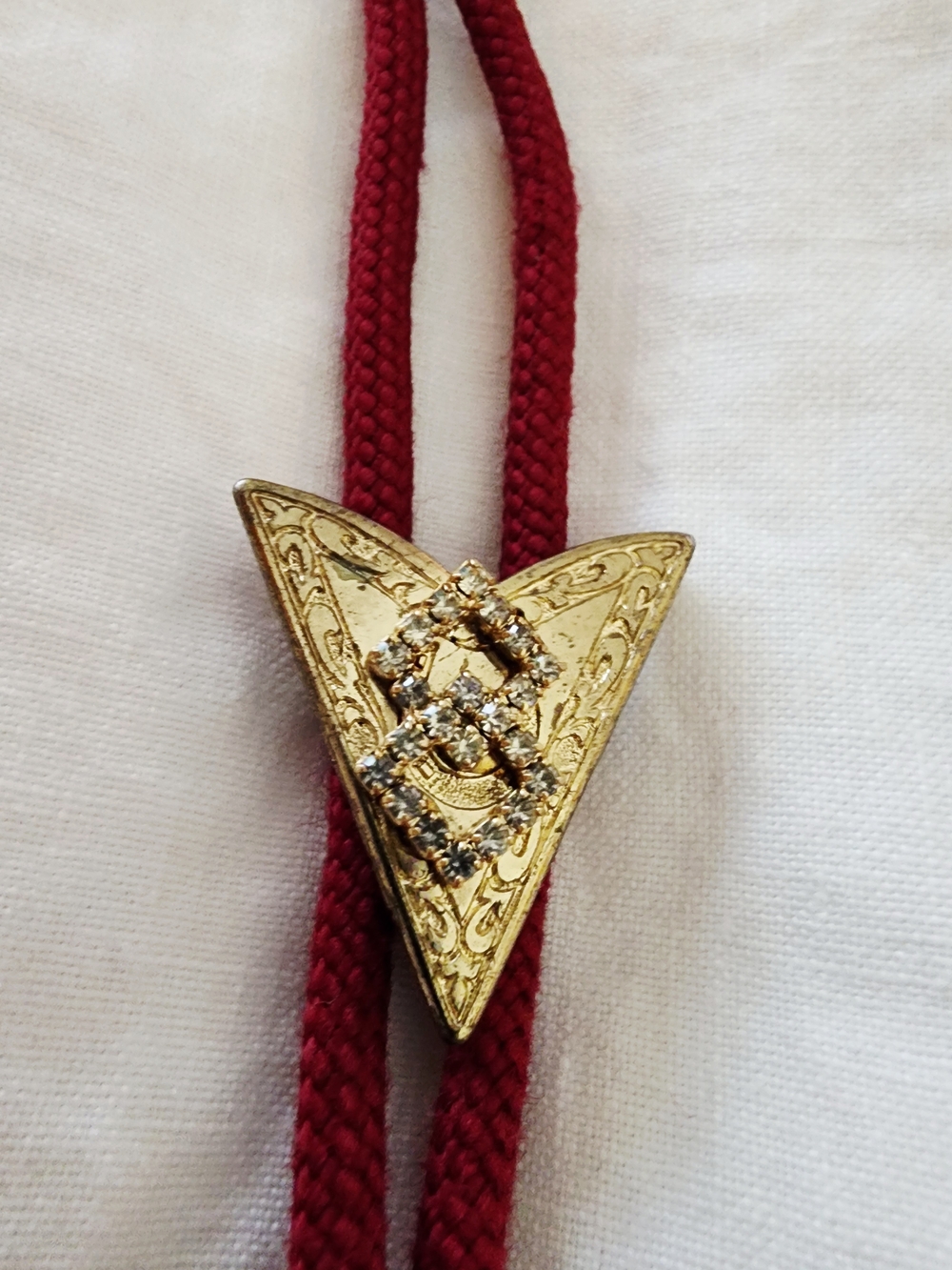 Gold-Tone Red Cord Equestrian Bolo with Clear Crystals